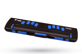 Focus Blue Braille Display with neck strap carry case.