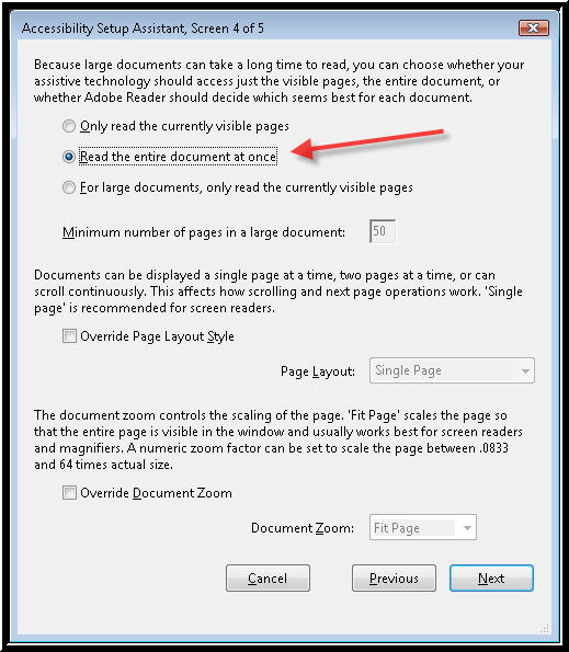 Accessibility Setup Assistant, page four, after changing settings to read entire document