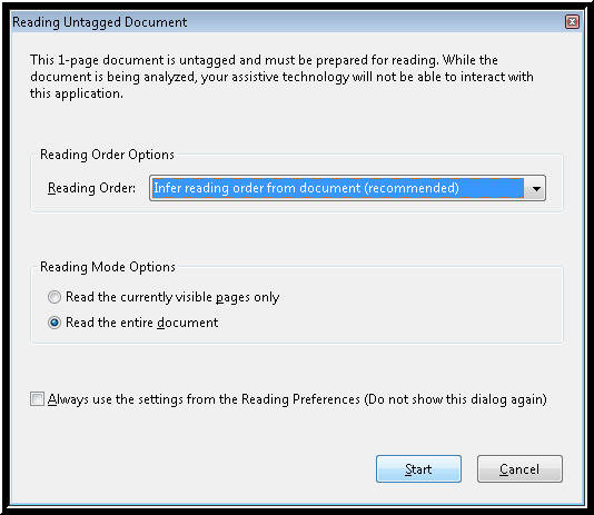 Reading Untagged Document dialog box in Adobe Reader.