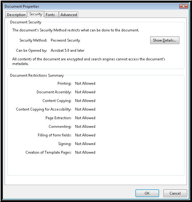 Security page of Document Properties dialog box in Adobe Reader.