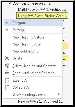 The Headings button context menu in the Navigation pane in Word 2013.