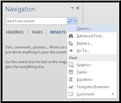 The Search button context menu in the Navigation pane in Word 2013.