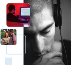 Photo montage of people with visual and sensory impairments listening with headphones, using a computer and walking with a friend.