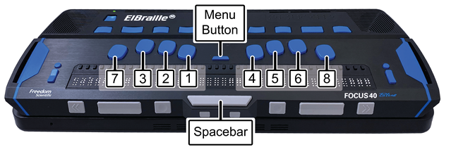 Image showing location of Perkins-style keyboard, Spacebar, and Menu button on ElBraille 40 V.