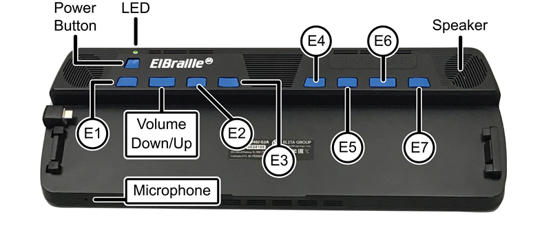 Image of the ElBraille showing the location of Power button, LED, volume controls, and other ElBraille control buttons.