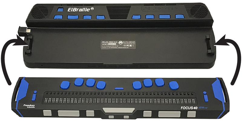 Image showing how to place a Focus 40 Blue braille display into an ElBraille. 