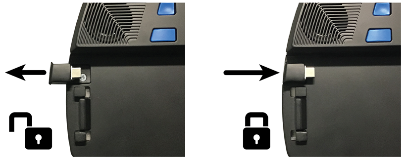 Image looking down on the left side of ElBraille 40 V showing the unlocked and locked position of the Locking Lever.