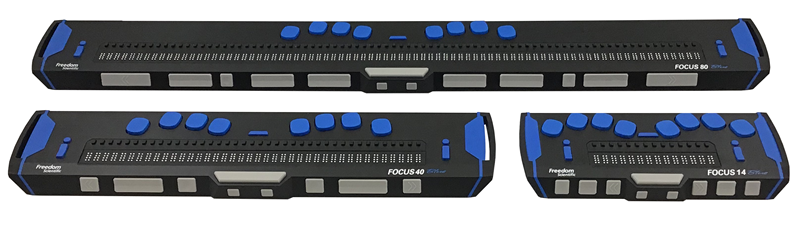 Image showing the Focus 40 Blue, Focus 14 Blue, and Focus 80 Blue braille displays.