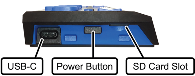 Side view of a Focus Blue braille display showing location of the USB-C port, Power button, and micro SD card slot.