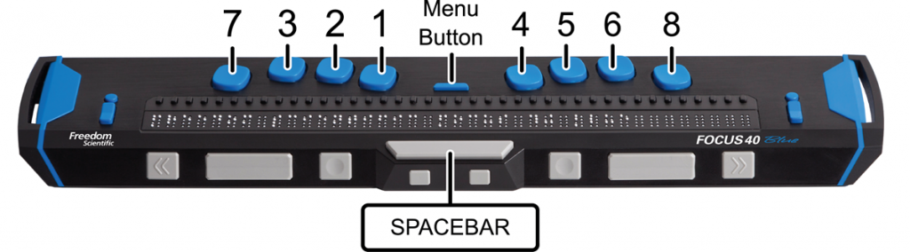 Image showing the location of the Perkins-style braille keyboard, Menu button, and Spacebar on a Focus 40 Blue braille display.