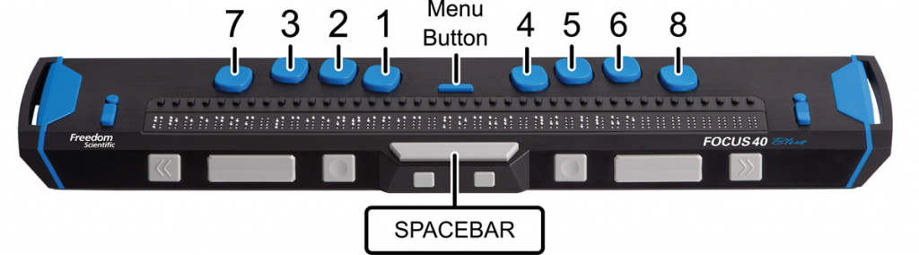 Image showing the location of the Perkins-style braille keyboard, Menu button, and Spacebar on a Focus 40 Blue braille display. 
