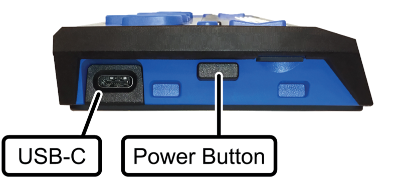 Image showing the location of the Power button and USB-C port on the left side of the Focus Blue braille display.